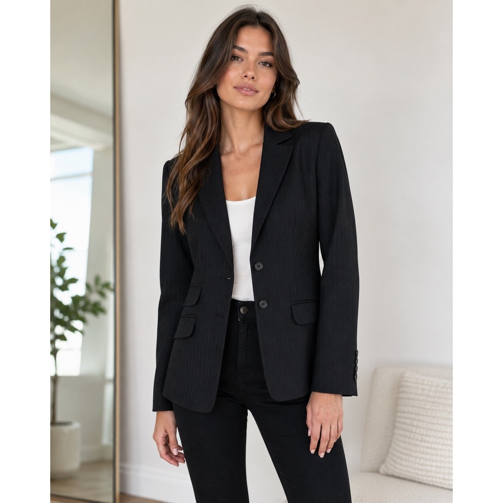 BCBGMAXAZRIA Black Pinstripe Blazer Wool Blend Two-Button Jacket PNS40095 Size 4